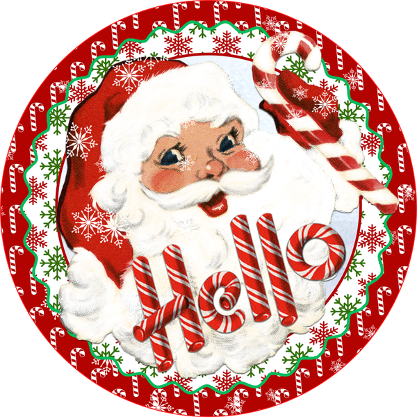 Hello Santa Sign, Christmas Candy Cane Sign, Holiday Sign, Metal Round Wreath Sign, Craft Embellishment