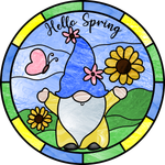 Hello Spring Sign, Gnome Sign, Spring Stain Glass Sign, Sundlower Sign, Everyday Sign, Round Metal Wreath Signs
