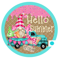Hello Summer Sign, Icecream Sign, Gnome Sign, Summer Sign, Everyday Sign, Round Metal Wreath Signs