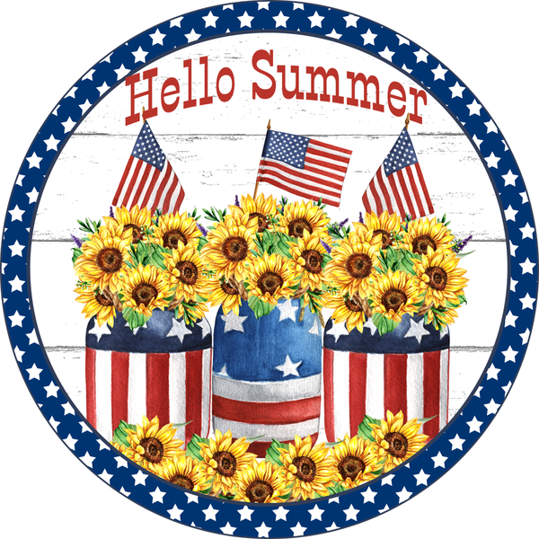Hello Summer Sign, Patriotic Sign, 4th Of July Sign, Metal Round Wreath Sign, Craft Embellishment