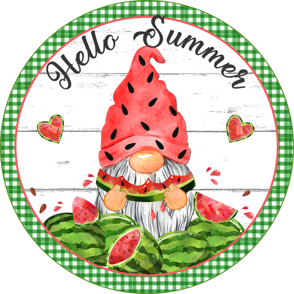 Hello Summer Sign, Sign, Summer Watermelon Sign, Summer Sign, Signs, Round Metal Wreath Sign, Craft Embellishment