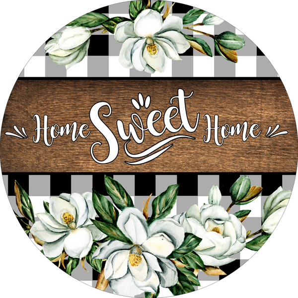 Home Sweet Home Sign, Magnolia Sign, Buffalo Check Sign, Year Round Sign, Round Metal Round Wreath Sign, Craft Embellishment