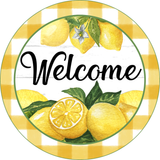 Welcome Sign, Lemons Sign, Yellow and White Check Sign, Year Round Sign, Round Metal Round Wreath Sign, Craft Embellishment