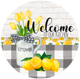 Welcome To Our Kitchen Sign, Lemons Sign, Black and White Check Sign, Year Round Sign, Round Metal Round Wreath Sign, Craft Embellishment