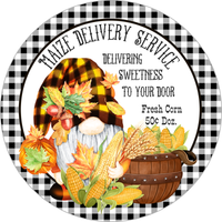 Maize Delivery Service Sign, Fall Sign, Fall Pumpkin Gnome Sign, Metal Round Wreath Sign, Craft Embellishment