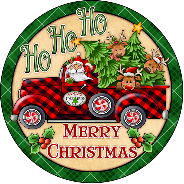 Merry Christmas Sign, Christmas HOHOHO Gnome Truck Sign, Holiday Sign, Metal Round Wreath Sign, Craft Embellishment