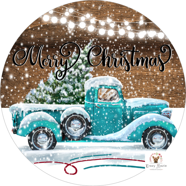 Merry Christmas Teal Truck Sign, Holiday Sign, Christmas Sign, Winter Signs, Metal Round Wreath, Wreath Center, Craft Embellishments