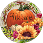 Welcome Pumpkin Sign, Fall Sign, Sunflowers and Mums Sign, Metal Round Wreath Sign, Craft Embellishment
