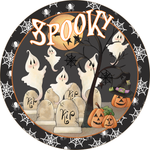 Spooky Halloween Sign, Ghost Sign, Halloween Pumpkins Sign, Metal Round Wreath Sign, Craft Embellishment