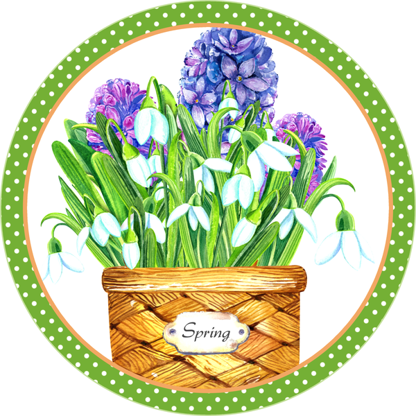 Spring Sign, Hyacinthia Sign, Spring Flower Basket Sign, Flowers Sign, Everyday Sign, Round Metal Wreath Signs