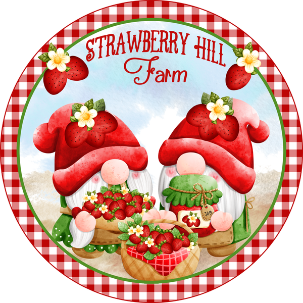 Strawberry Hill Farm Sign, Gnome Strawberries Sign, Summer Gnome Sign, Summer Sign, Signs, Round Metal Wreath Sign, Craft Embellishment