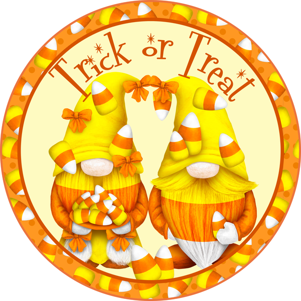 Trick or Treat Sign, Candycorn Gnome Sign, Halloween Sign, Metal Round Wreath Sign, Craft Embellishment