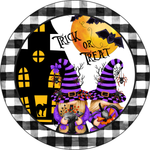 Trick or Treat Sign, Gnome Witch Sign, Halloween Sign, Metal Round Wreath Sign, Craft Embellishment