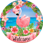 Flamingo Sign, Tropical Flower Sign, Summer Beach Decor, Summer Sign, Round Metal Wreath Sign, Craft Embellishment