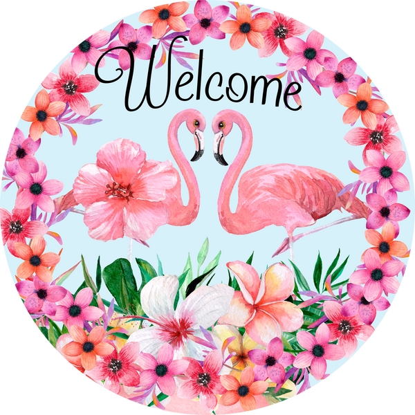Tropical Flamingo Welcome Sign, Tropical Flower Sign, Summer Beach Decor, Summer Sign, Round Metal Wreath Sign, Craft Embellishment