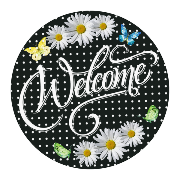Welcome Sign, Spring Sign, Spring Daisy Sign, Black Polka Dot Sign, Everyday Sign, Round Metal Wreath Signs