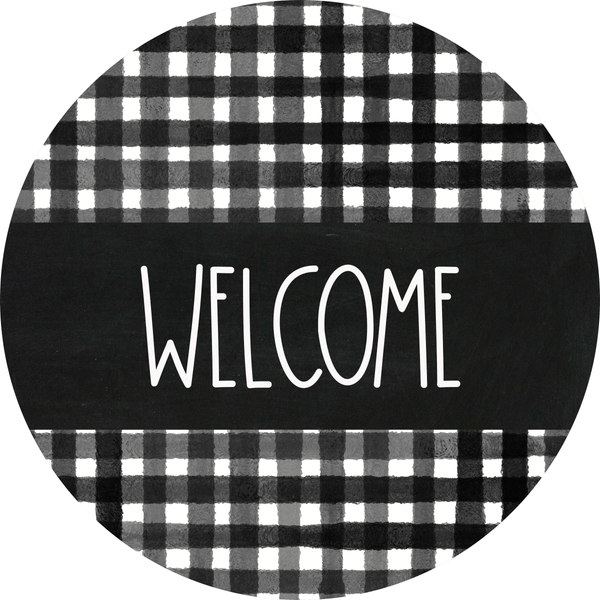 Welcome Sign, Black and White Buffalo Check Sign, Year Round Sign, Round Metal Round Wreath Sign, Craft Embellishment
