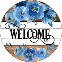 Welcome Sign, Blue White Roses Sign, Everyday Sign, Year Round Sign, Round Metal Round Wreath Sign, Craft Embellishment