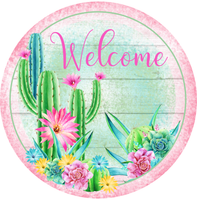 Welcome Sign, Cactus Sign, Succulents Sign, Everyday Sign, Round Metal Wreath Signs