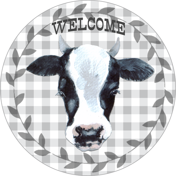 Welcome Sign, Cow Sign, Buffalo Check Sign, Year Round Sign, Round Metal Round Wreath Sign, Craft Embellishment