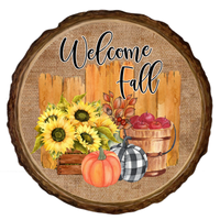 Welcome Fall Sign, Wood Slice Background Sign, Fall Sign, Fall Scarecrow Gnome Sign, Metal Round Wreath Sign, Craft Embellishment