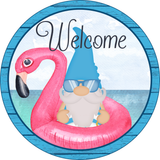 Welcome Sign, Gnome Sign, Flamingo Float Decor, Summer Sign, Signs, Round Metal Wreath Sign, Craft Embellishment