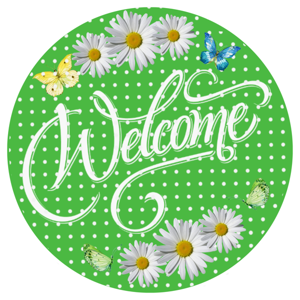 Welcome Sign, Spring Sign, Spring Daisy Sign, Green Polka Dot Sign, Everyday Sign, Round Metal Wreath Signs