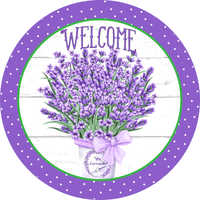 Welcome Sign, Lavender Sign, Spring Sign, Purple White Polka Dot Sign, Everyday Sign, Round Metal Wreath Signs