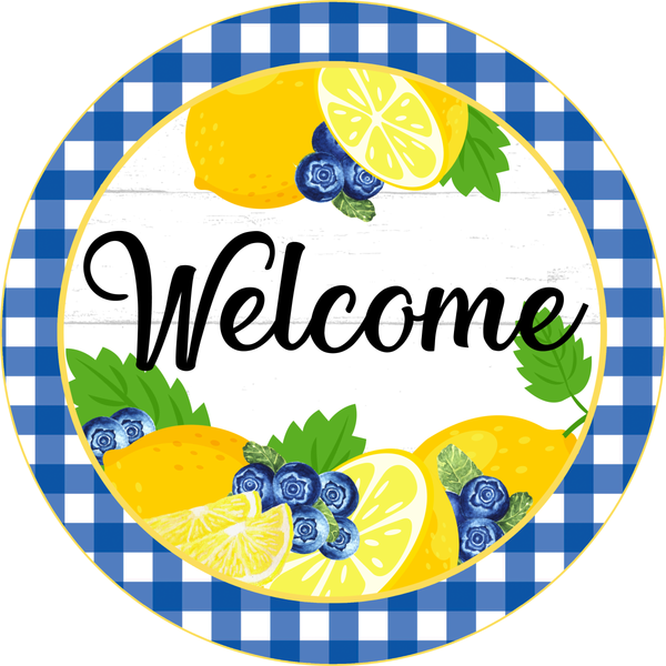 Welcome Sign, Lemons Sign, Blue and White Check Sign, Year Round Sign, Round Metal Round Wreath Sign, Craft Embellishment