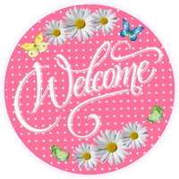Welcome Sign, Spring Sign, Spring Daisy Sign, Pink Polka Dot Sign, Everyday Sign, Round Metal Wreath Signs