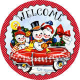 Welcome Christmas Sign, Retro Car Snowman Family Sign, Christmas Sign, Winter Signs, Metal Round Wreath, Wreath Center, Craft Embellishments