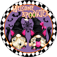 Welcome Spookies Sign, Black Cat Gnomes Sign, Halloween Signs, Metal Round Wreath Sign, Craft Embellishment