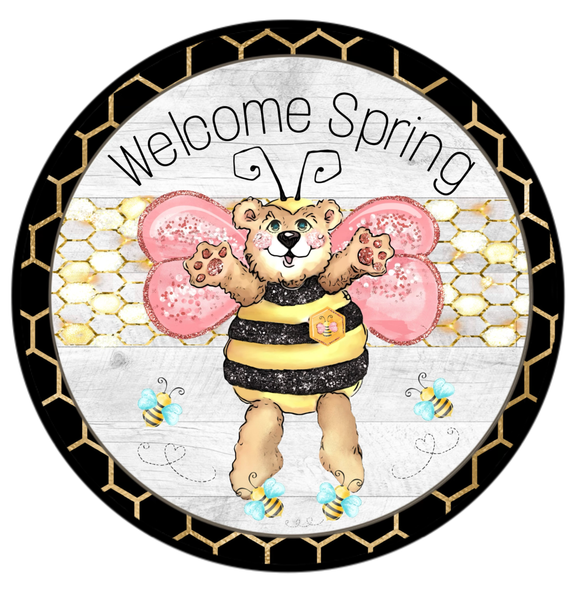 Welcome Spring Sign, Bee Sign, Spring Bumble Bee Sign, Honeycomb Sign, Everyday Sign, Round Metal Wreath Signs