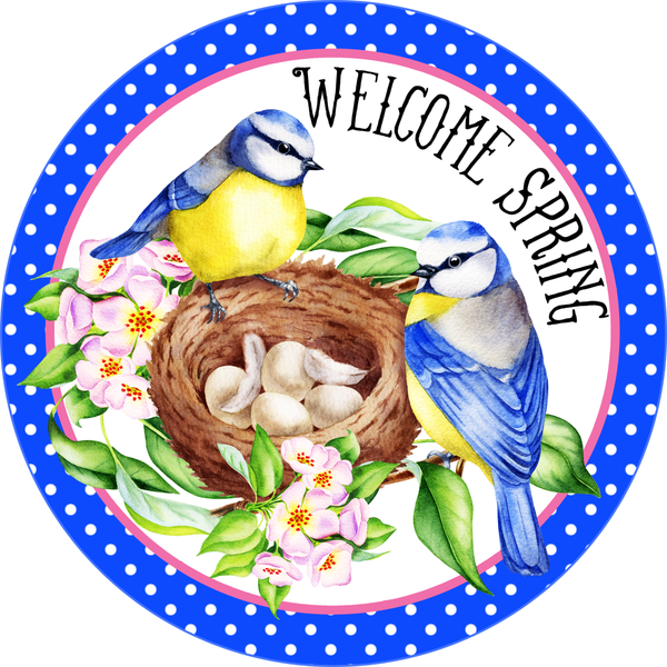 Welcome Spring Sign, Birds Sign, Spring/Summer Sign, Polka Dots Sign, Everyday Sign, Round Metal Wreath Signs