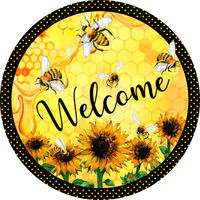 Welcome Sunflowers and Bees Sign, Bee Sign, Polka Dot Sign, Signs, Summer Sign, Home Decor, Metal Wreath Sign