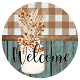Welcome Sign, Tan Buffalo Check Sign, Everyday Sign, Metal Round Wreath Sign, Craft Embellishment