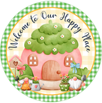 Welcome To Our Happy Place Sign, Gnome Sign, Everyday Sign, Signs, Summer Sign, Home Decor, Metal Wreath Sign