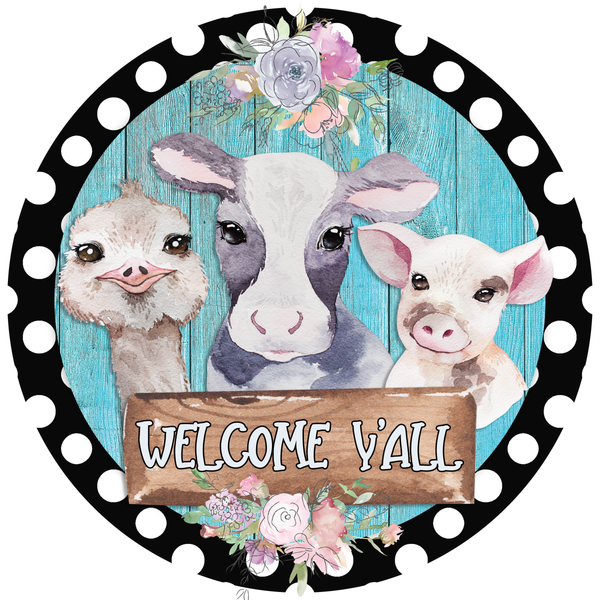 Welcome Y'all Sign, Farm Animals Sign, Farmhouse Sign, Signs, Everyday  Sign, Home Decor, Metal Wreath Sign