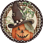 Primitive Witchy Pumpkin Sign, Fall Pumpkin Sign, Fall Witch Hat Sign, Metal Round Wreath Sign, Craft Embellishment